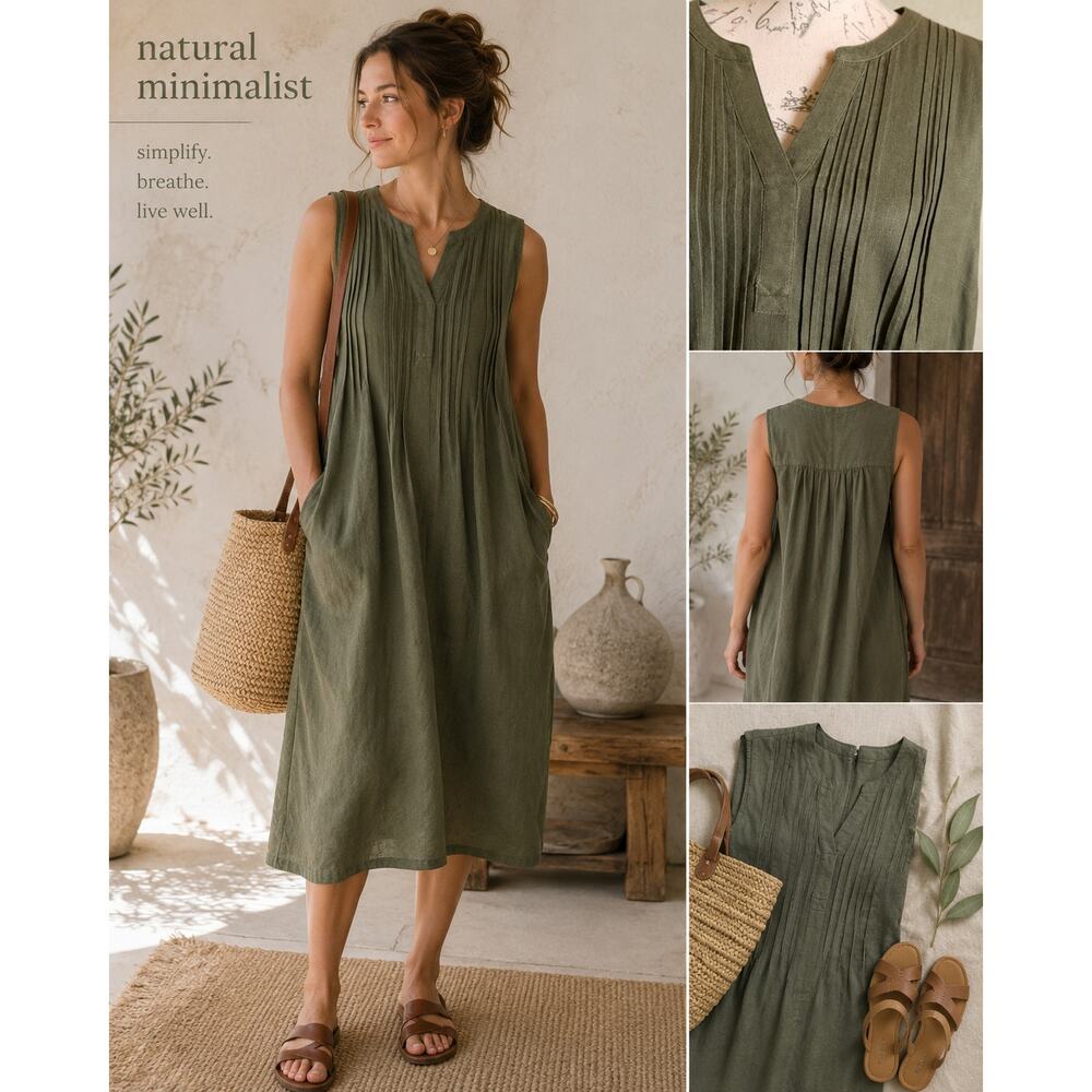 Sonoma Linen Blend Olive Sleeveless Dress L Pintuck Pockets Casual Artsy Midi - Picture 8 of 9